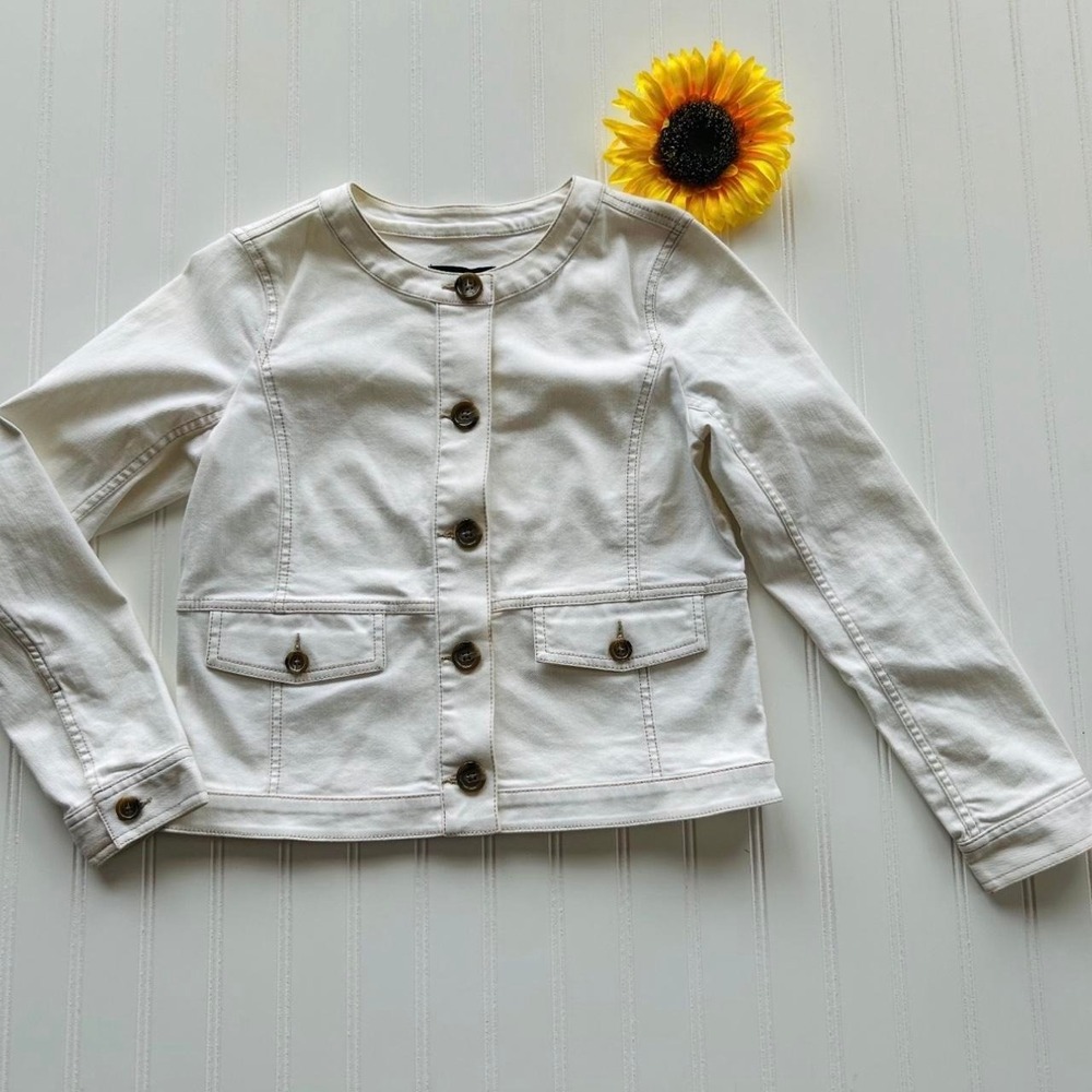 Talbots Denim Jacket SP Womens White NEW Button Up Collarless Pockets NWT